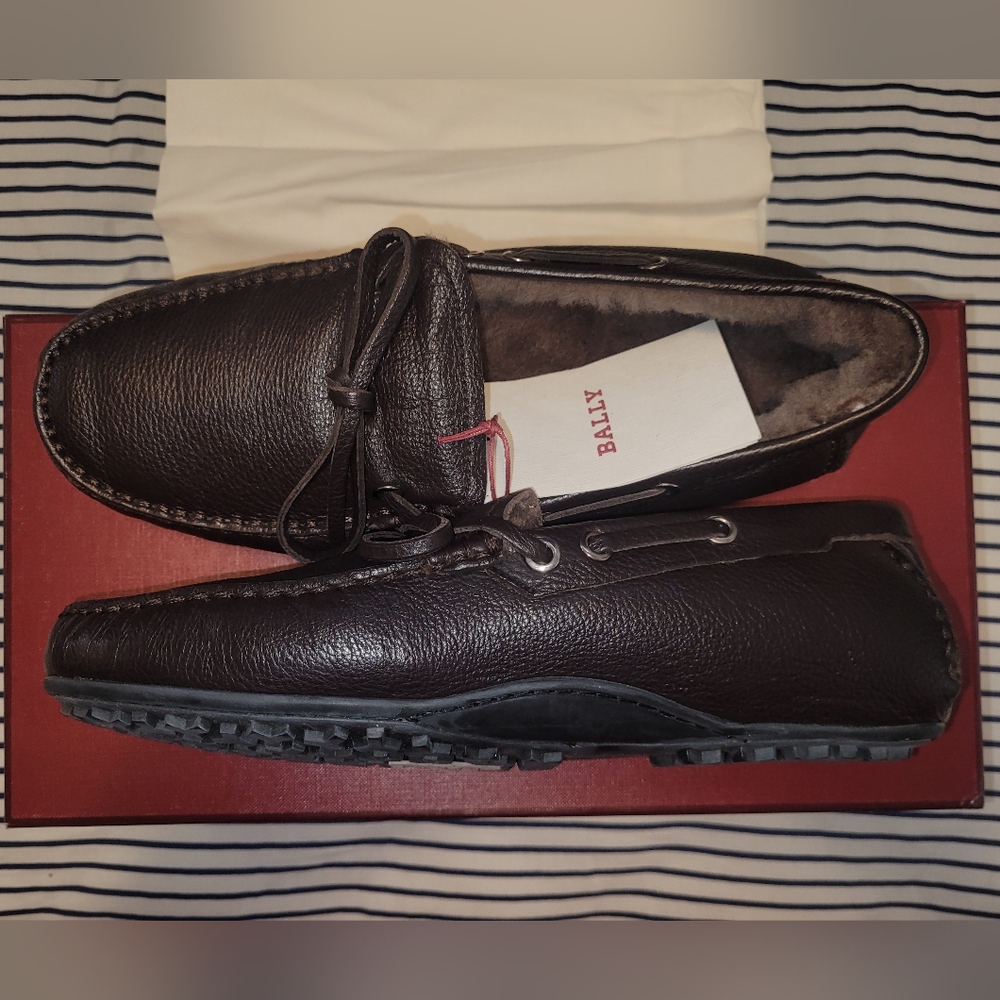 Bally Mens Crispi Brown Lamb Fur Loafers US 7.5